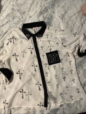 Bongo Plus Black Button-Up Blouse with Stud Accents Goth Cross Sheer